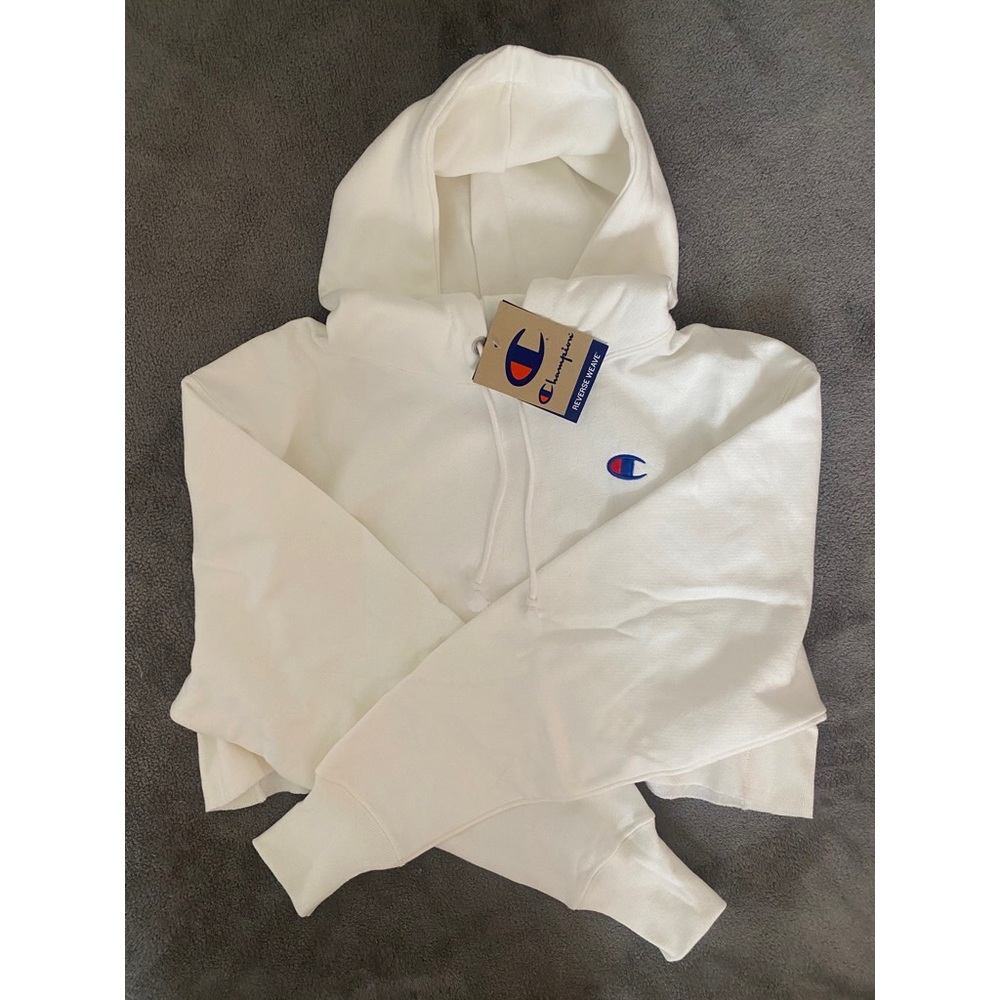 Champion Women's Reverse Weave Cropped Cut Off Hoodie White Size Extra Small